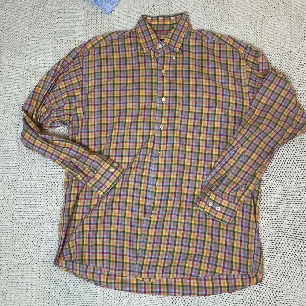 Gitman Bros Madras Plaid Yellow Red Pink 100% Cotton Dress Shirt Size L